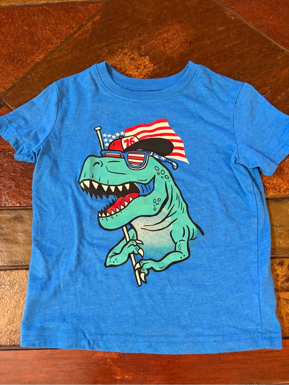 jumping beans Blue Tee with Green Dino and Red Flag Graphic